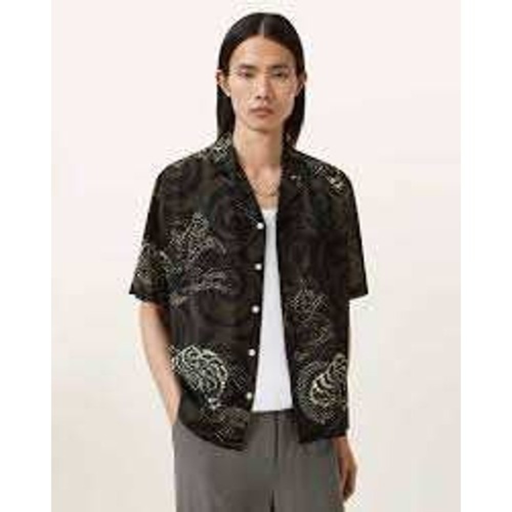 AllSaints Sidewinder SS Shirt Mens Small Dragon Swirl Print Viscose Linen M152SC